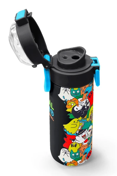 Siyah Karikatür Çizgili Desenli Pipetli ve Direkt İçim Çelik Termos 500 ml okul termos matara - 6