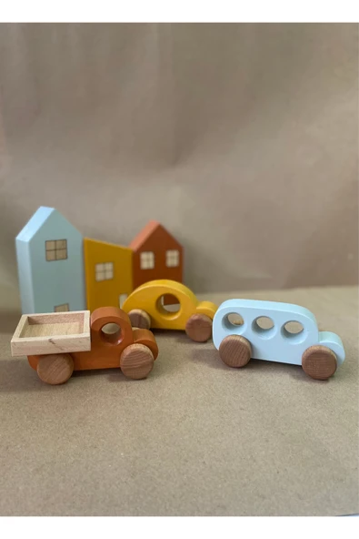 Montessori Ahşap Ev ve Araba Seti - 6'lı Eğitici Oyuncak Set - 5