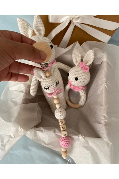 Amigurumi Tavşancık Hediyelik Yenidoğan 3 Lü Set, Kız Bebek Hoşgeldin Bebek Hediye Seti - 3