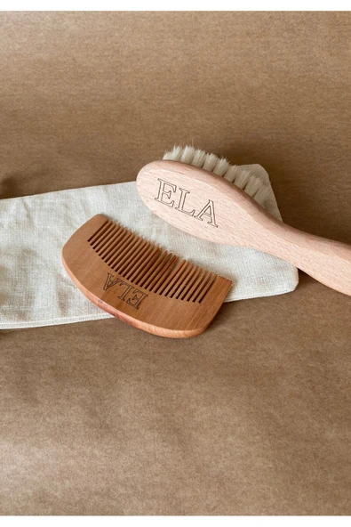 2'li Set Isme Özel %100 Keçi Kılı Bebek Saç Fırçası & Mini Oval Tarak Isme Özel Bebek Fırçası