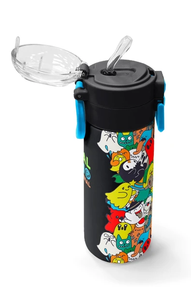 Siyah Karikatür Çizgili Desenli Pipetli ve Direkt İçim Çelik Termos 500 ml okul termos matara - 5