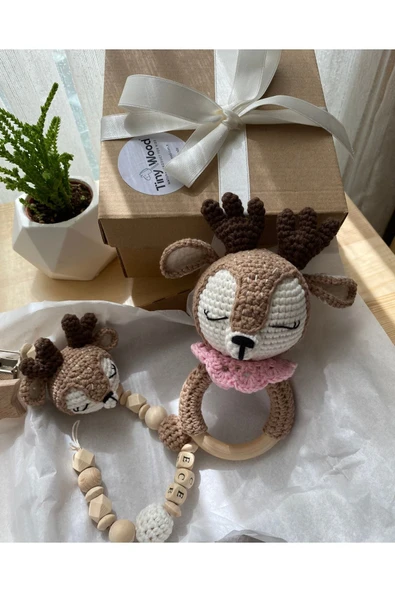 Bebek Hediyelik Geyik Emzik Zinciri Çıngırak Yenidoğan Kız Bebek Isimli Emzik Hediye Seti - Resim 3