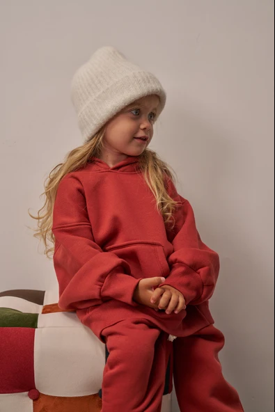 Kiremit Çocuk Kanguru Cepli Oversize Eşofman Takımı - Resim 6