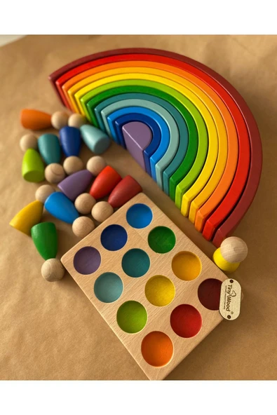 1 Yaş 12'li Waldorf Gökkuşağı Peg Bebek Tabla Seti, Waldorf Renk Eşleştirme Ahşap Oyuncak Seti - 3