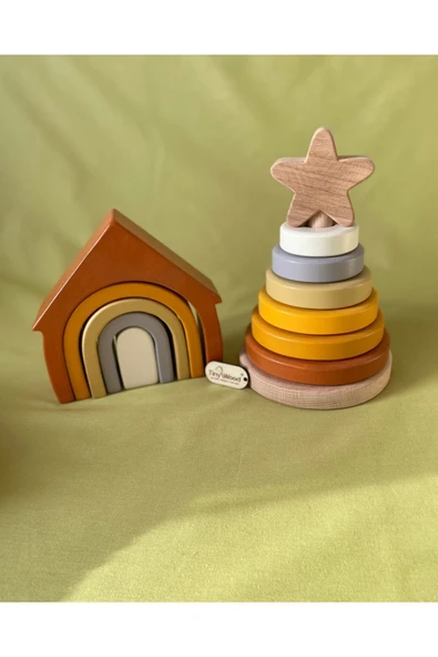Waldorf Gökkuşağı Ev Ve Ahşap Yıldız Kule Renkli Doğal Ahşap Eğitici Bebek Çocuk Oyuncak Seti - 3