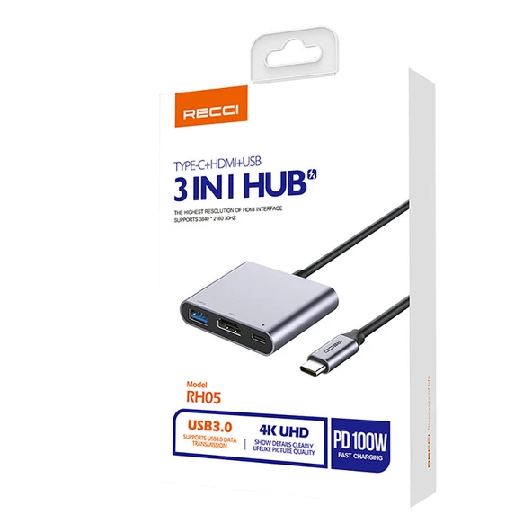Recci RH05 Type-C to Type-C PD100W + HDMI 4K@30Hz + USB3.0 Bağlantı Özellikli 3in1 Hub - 5