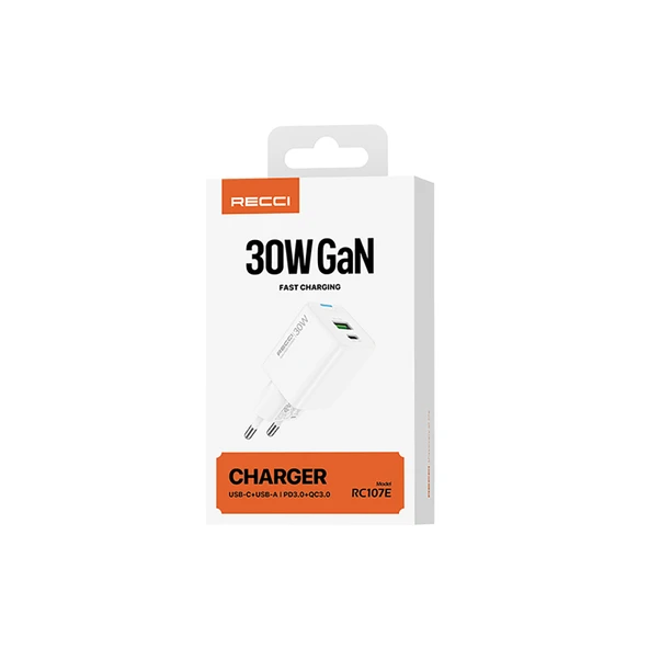 Recci RC107E Type-C PD & USB-A GaN Teknolojili Hızlı Şarj Başlığı 30W - 10