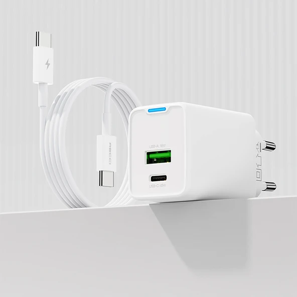Recci RC108E GaN Teknolojili Hızlı Şarj Başlığı Type-C to Type-C PD 45W Kablolu Şarj Seti - 6