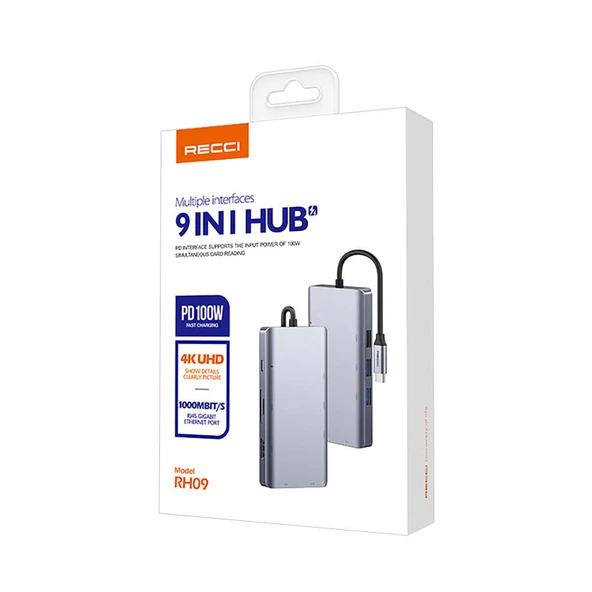 Recci RH09 Type-C to Type-C + SD/TF + USB3.0 + USB2.0 + HDMI + VGA + RJ45 Bağlantılı 9in1 Hub - Resim 4