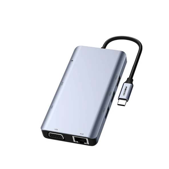 Recci RH09 Type-C to Type-C + SD/TF + USB3.0 + USB2.0 + HDMI + VGA + RJ45 Bağlantılı 9in1 Hub ürün görseli 1