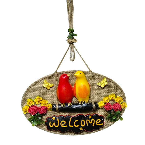 Dekoratif Welcome Kapı Süsü – Sarı Kırmızı Kuş ve Çiçek Temalı, Jüt İpli El Yapımı Kapı Süsü - Resim 2