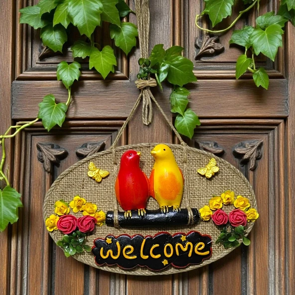 Dekoratif Welcome Kapı Süsü – Sarı Kırmızı Kuş ve Çiçek Temalı, Jüt İpli El Yapımı Kapı Süsü - Resim 3