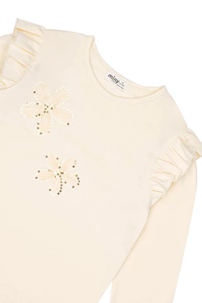 Kız Çocuk Çiçek Nakışlı Omuz Fırfırlı Uzun Kollu Tshirt MNT25K215 - Resim 4