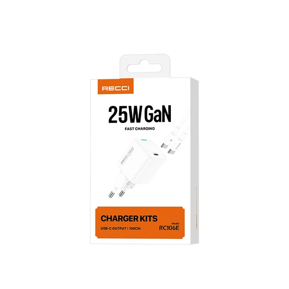 Recci RC106E GaN Teknolojili Hızlı Şarj Başlığı Type-C to Type-C PD 25W Kablolu Şarj Seti - 6