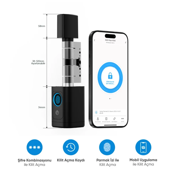 Şımart Akıllı Kapı Kilidi Parmak İzi, Şifre Kombinasyonu, Akıllı Kart, Fiziksel Anahtar ve Mobil Uygulama