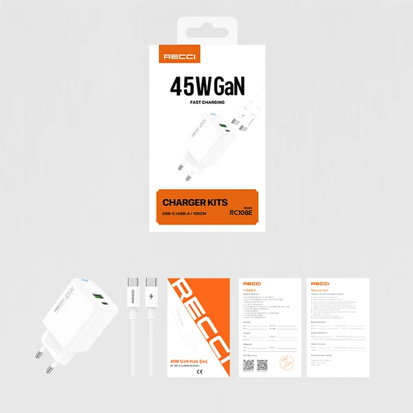 Recci RC108E GaN Teknolojili Hızlı Şarj Başlığı Type-C to Type-C PD 45W Kablolu Şarj Seti - 12