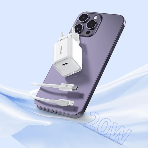Recci RC65E Hızlı Şarj Başlığı Type-C to Lightning PD 20W Kablolu Şarj Seti - 5