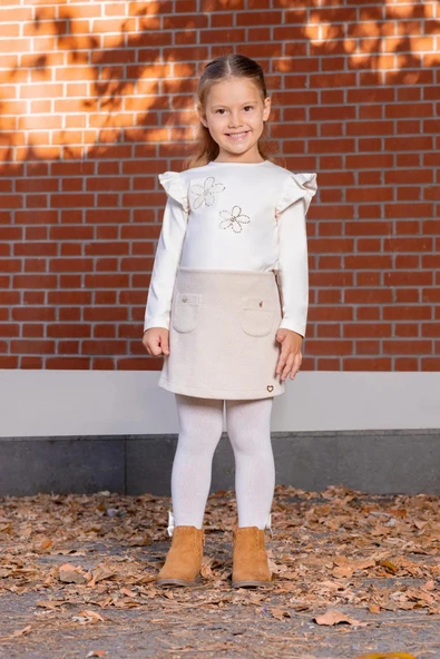 Kız Çocuk Çiçek Nakışlı Omuz Fırfırlı Uzun Kollu Tshirt MNT25K215 ürün görseli