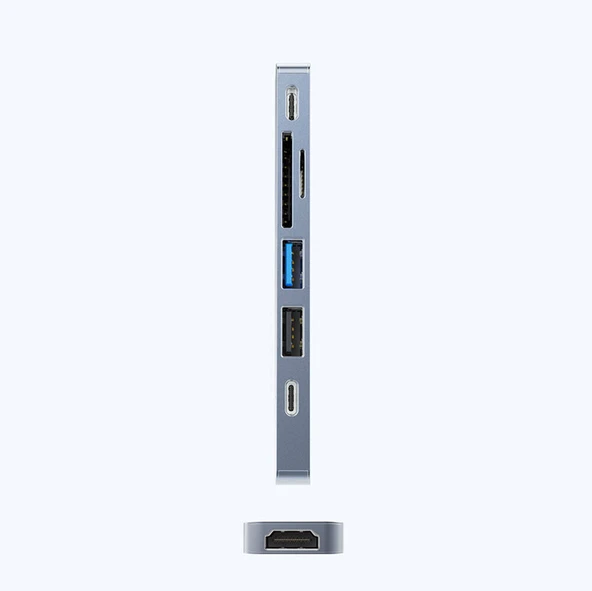 Recci RH08 Type-C to Type-C + SD/TF + USB3.0 + USB2.0 + HDMI + Thunderbolt 3 Bağlantılı 7in2 Hub - 7