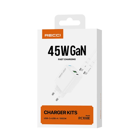 Recci RC108E GaN Teknolojili Hızlı Şarj Başlığı Type-C to Type-C PD 45W Kablolu Şarj Seti - 11