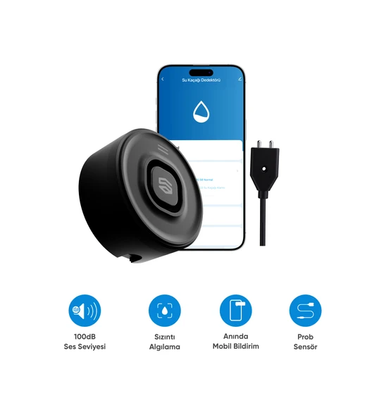 Şımart Akıllı Su Kaçağı Dedektörü Problu, 100dB Alarm Sesli, Uygulama Bildirimli