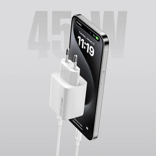 Recci RC108E GaN Teknolojili Hızlı Şarj Başlığı Type-C to Type-C PD 45W Kablolu Şarj Seti - 7