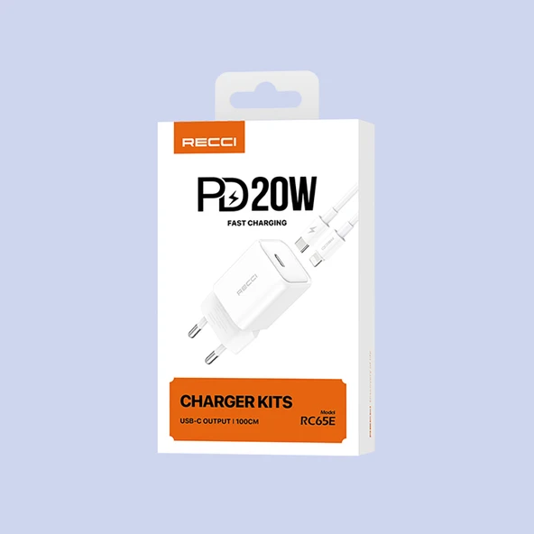 Recci RC65E Hızlı Şarj Başlığı Type-C to Lightning PD 20W Kablolu Şarj Seti - 10