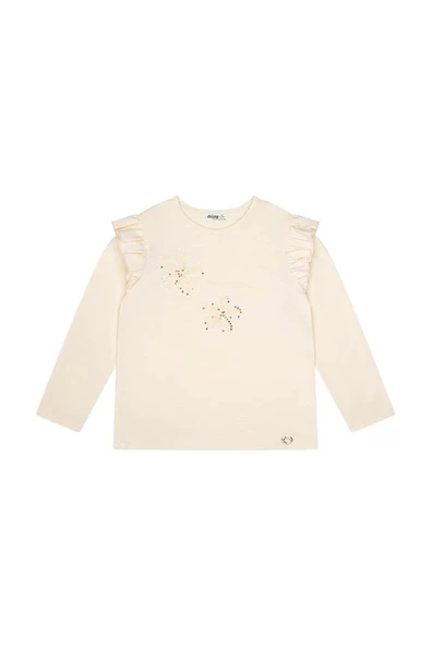 Kız Çocuk Çiçek Nakışlı Omuz Fırfırlı Uzun Kollu Tshirt MNT25K215 - Resim 2