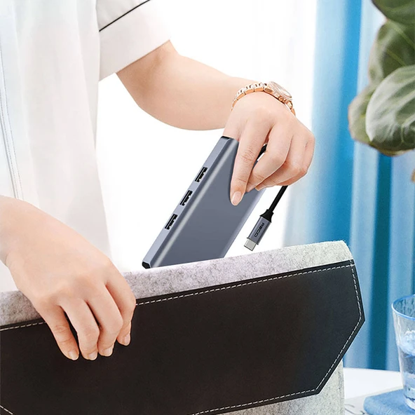 Recci RH09 Type-C to Type-C + SD/TF + USB3.0 + USB2.0 + HDMI + VGA + RJ45 Bağlantılı 9in1 Hub - Resim 6