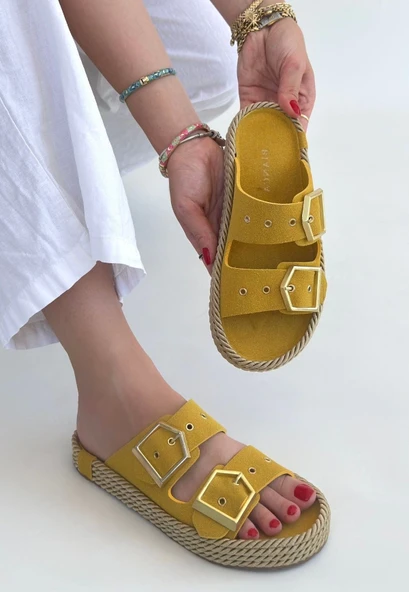 Loera Sarı Nubuk Çift Tokalı Terlik - Resim 15