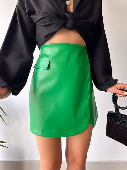 Cep detaylı oval kapaklı deri etek yeşil h240048 - Resim 4