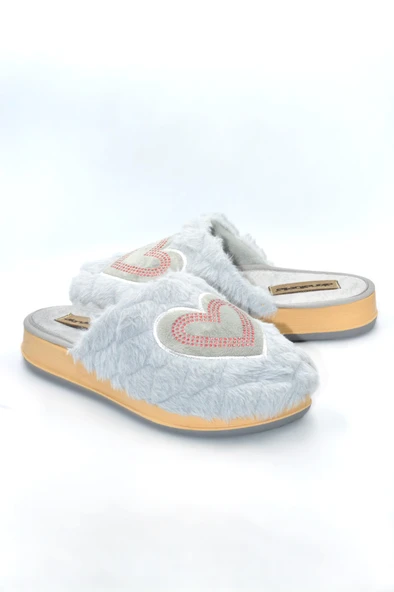 Kadın Gri Kalpli Kışlık Ev Terliği - 4