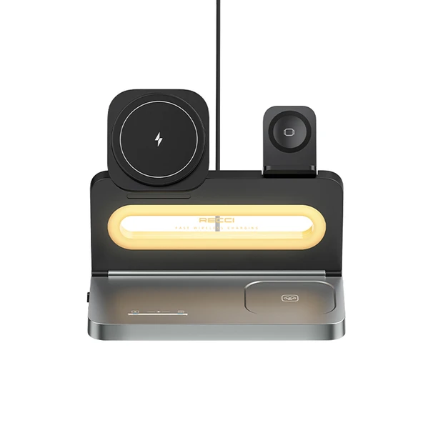 Recci RCW-49 Ambiyans Işıklı Telefon&Akıllı Saat&Kulaklık 15W 4in1 Kablosuz Şarj Standı - 2
