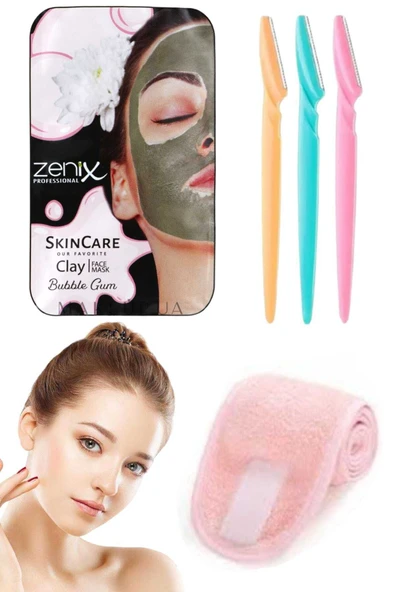 3'lü Set Spor Yoğa Makyaj Havlu Saç Bandı Kaş Bıyık Epilasyon Jileti Cilt Bakım Maskesi Seti