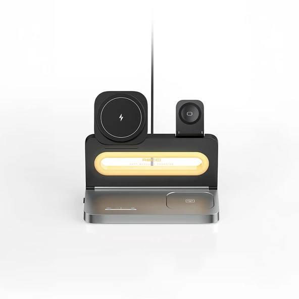 Recci RCW-49 Ambiyans Işıklı Telefon&Akıllı Saat&Kulaklık 15W 4in1 Kablosuz Şarj Standı - 6