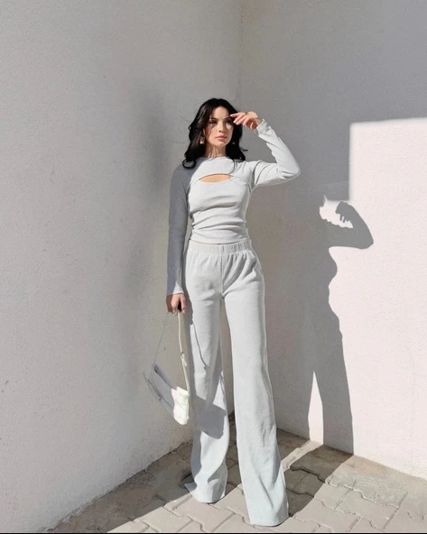 Pencereli detaylı alt üst takım gri - Resim 9