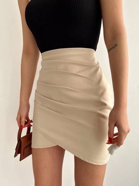 Yandan drapeli asimetrik etek bej - Resim 6