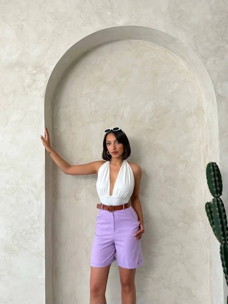 Kemerli gabardin şort lila s25735 - Resim 2