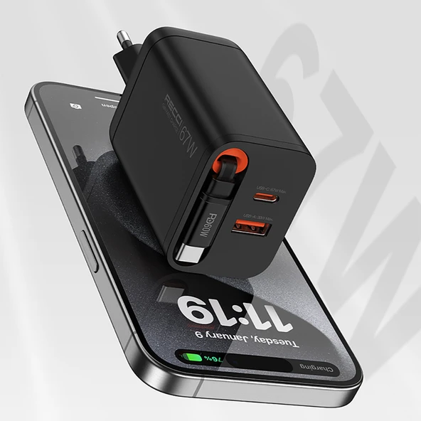 Recci RC103E GaN Teknolojili Hızlı Şarj Başlığı USB-A to Type-C PD 67W Type-C Kablolu Şarj Seti - 7