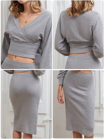 Kruvaze şardonlu etekli takım gri - Resim 13