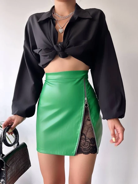 Dantelli fermuarlı deri etek yeşil - Resim 6