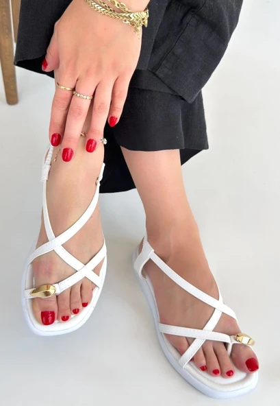 Enjali Beyaz Cilt Sandalet - Resim 6