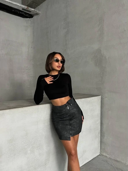 Beli pervazlı fermuarlı eskitme deri etek w24431 - Resim 21