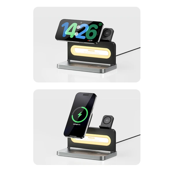 Recci RCW-49 Ambiyans Işıklı Telefon&Akıllı Saat&Kulaklık 15W 4in1 Kablosuz Şarj Standı - 8