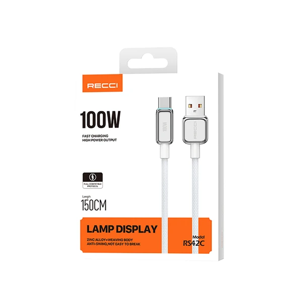 Recci RS42C Lamp Display Serisi USB-A to Type-C 100W Hızlı Şarj Özellikli Data ve Şarj Kablosu 1.5M - 7