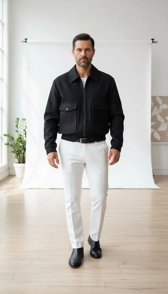 Erkek Oversize Kaşe Mont Siyah – Kalın Kumaş Şık Kışlık Mont - Resim 2