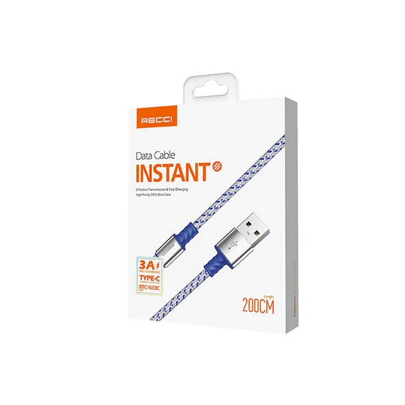 Recci RTC-N33C Instant Serisi USB-A to Type-C 3A Hızlı Şarj Özellikli Şarj ve Data Kablosu 2M - 3