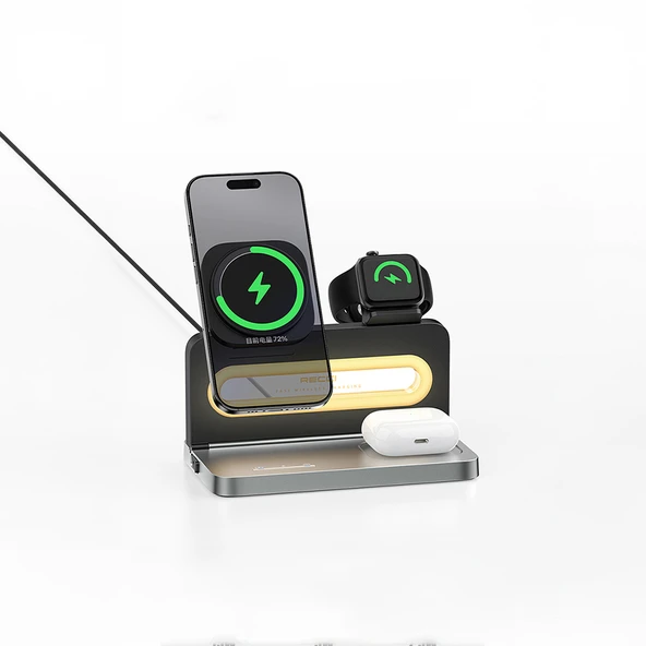 Recci RCW-49 Ambiyans Işıklı Telefon&Akıllı Saat&Kulaklık 15W 4in1 Kablosuz Şarj Standı - 7