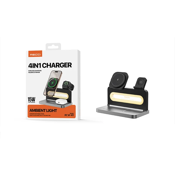 Recci RCW-49 Ambiyans Işıklı Telefon&Akıllı Saat&Kulaklık 15W 4in1 Kablosuz Şarj Standı - 11