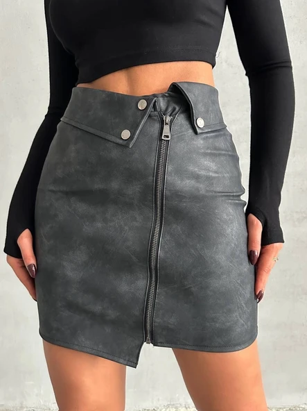 Beli pervazlı fermuarlı eskitme deri etek w24431 - Resim 17